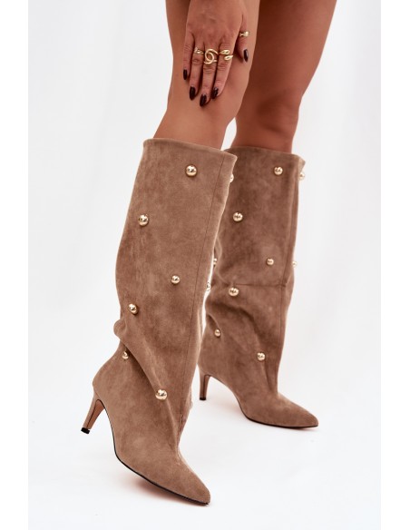 Slip on Women's Boots With High Heel And Gold Decorations Beige Thaliane