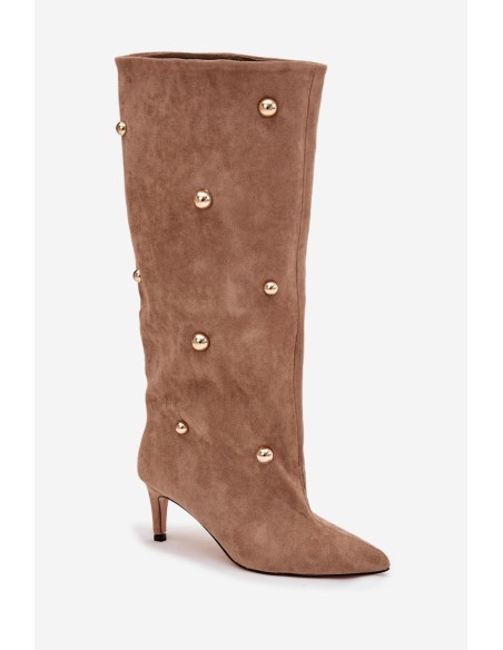 Slip on Women's Boots With High Heel And Gold Decorations Beige Thaliane