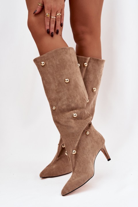 Moteriški aulinukai su aukštakulniu ir auksinėmis dekoracijomis, smėlio spalvos, „Thaliane“