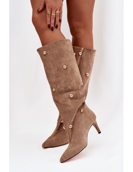 Slip on Women's Boots With High Heel And Gold Decorations Beige Thaliane