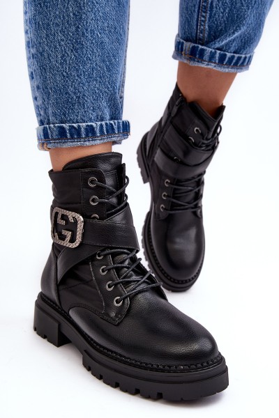 Gennee Leather Black Workery Boots with Chain 2