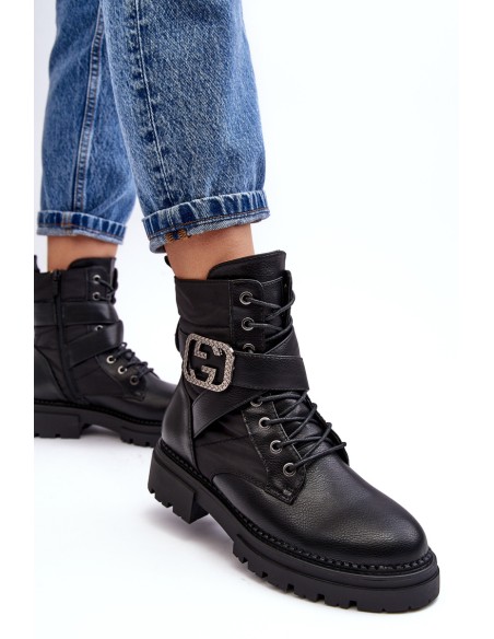 „Gennee“ odiniai juodi darbiniai batai su grandinėle