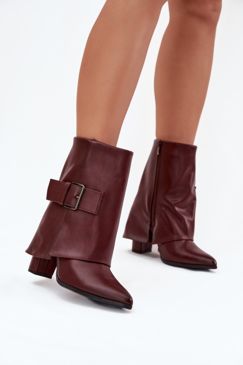 Warm Ankle Boots On Heel With Folded Shaft And Buckle Bordeaux Ylenara