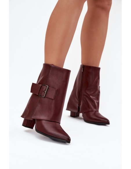 Warm Ankle Boots On Heel With Folded Shaft And Buckle Bordeaux Ylenara