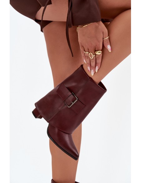 Warm Ankle Boots On Heel With Folded Shaft And Buckle Bordeaux Ylenara