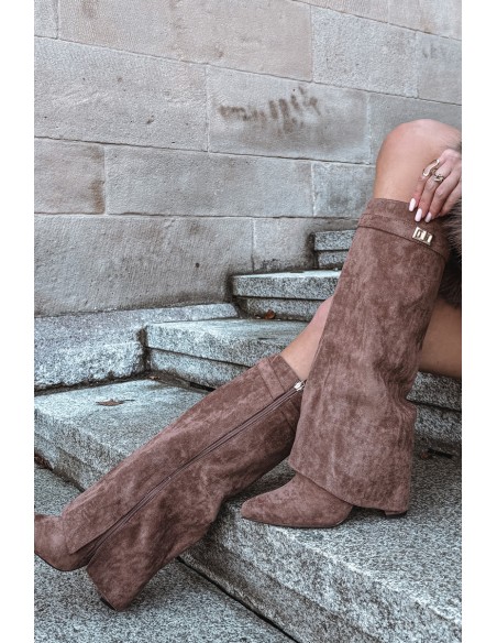 Evo eco suede boots heel column with zipper lined rolled shaft dark beige Evyra