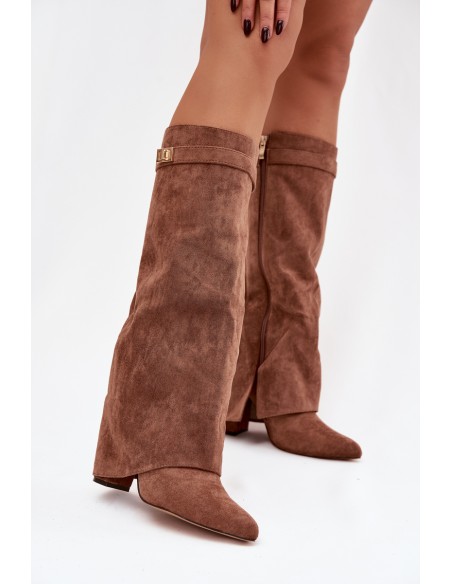 Evo eco suede boots heel column with zipper lined rolled shaft dark beige Evyra