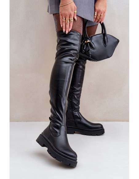 Juodi „Feliri“ aulinukai iki kelių su plokščiu kulnu