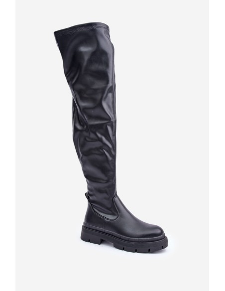 Juodi „Feliri“ aulinukai iki kelių su plokščiu kulnu