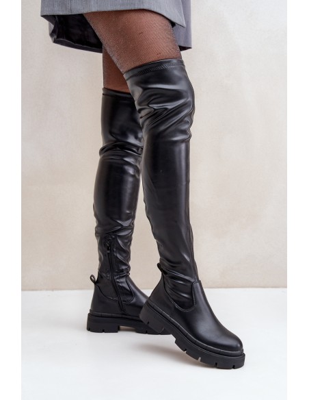 Juodi „Feliri“ aulinukai iki kelių su plokščiu kulnu