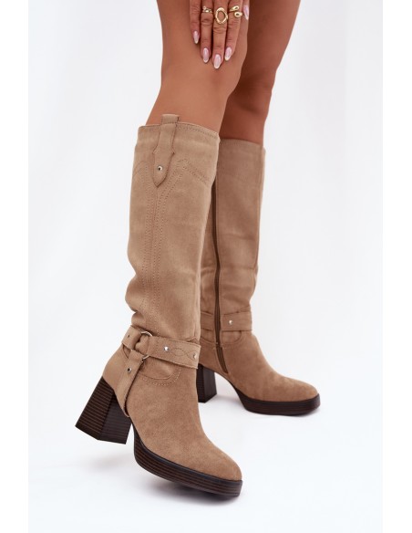 Insulated Women's Boots on Heel with Stitching Beige Alessara