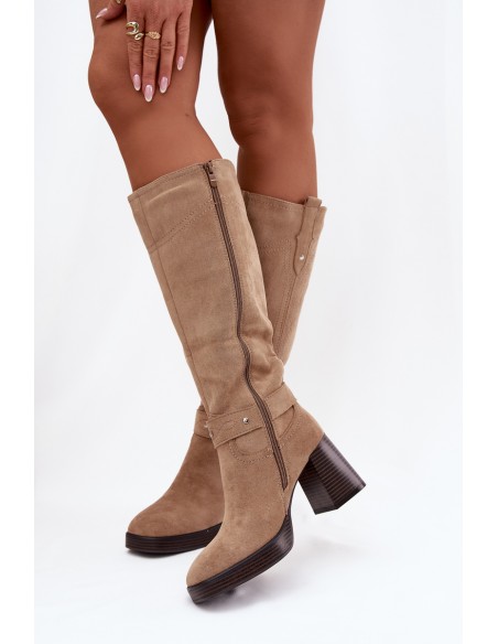 Insulated Women's Boots on Heel with Stitching Beige Alessara