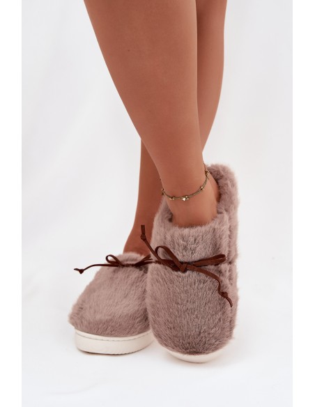 Furry slippers with bow khaki Minella