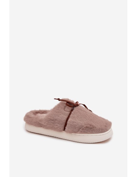 Furry slippers with bow khaki Minella