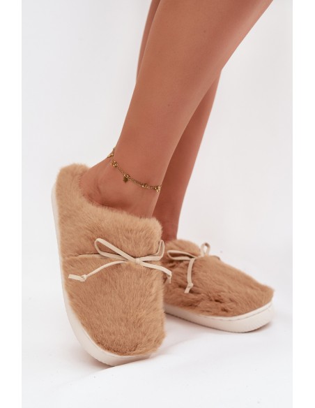 Furry slippers with bow Camel Minella