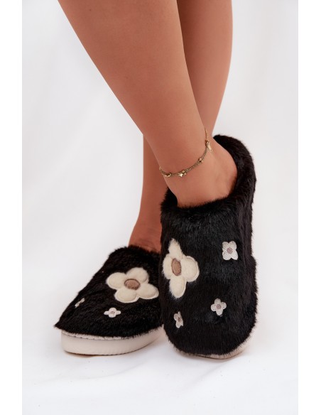 Furry slippers with flowers Black Selinne