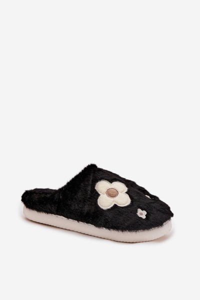 Furry slippers with flowers Black Selinne 2