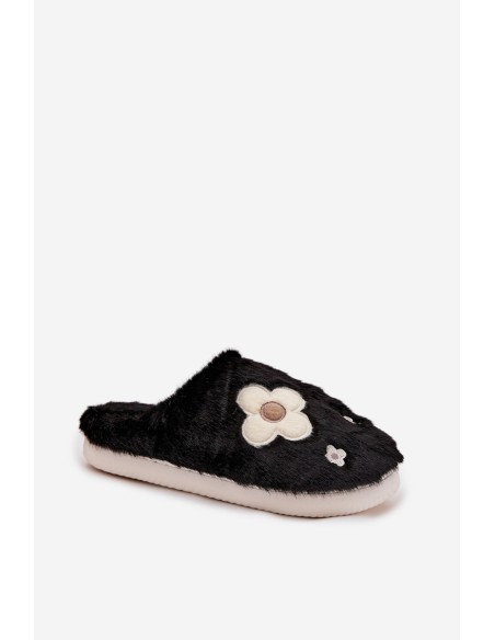 Furry slippers with flowers Black Selinne