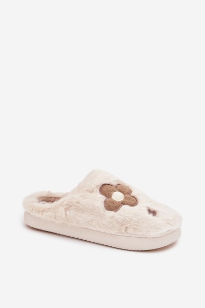Furry slippers with flowers beige Selinne 2