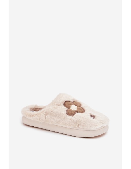 Furry slippers with flowers beige Selinne