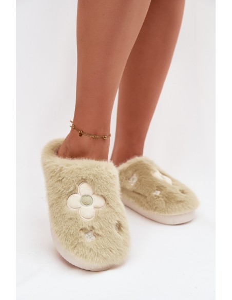 Furry slippers with flowers pistachio Selinne