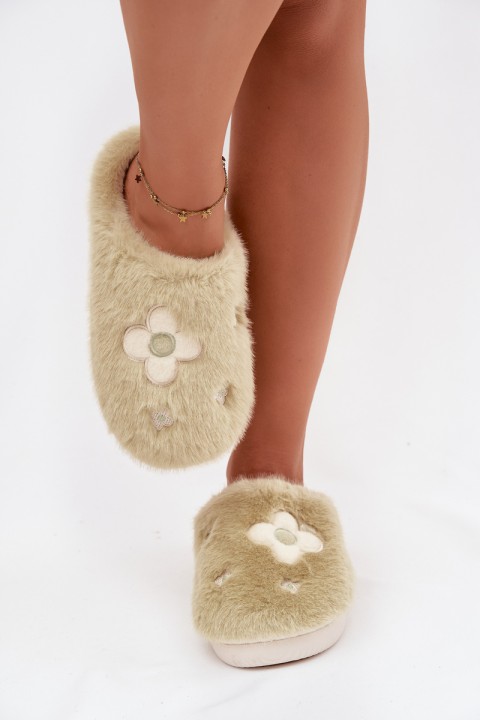 Furry slippers with flowers pistachio Selinne