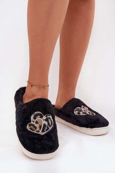 Furry Slippers With Hearts Black Amandra