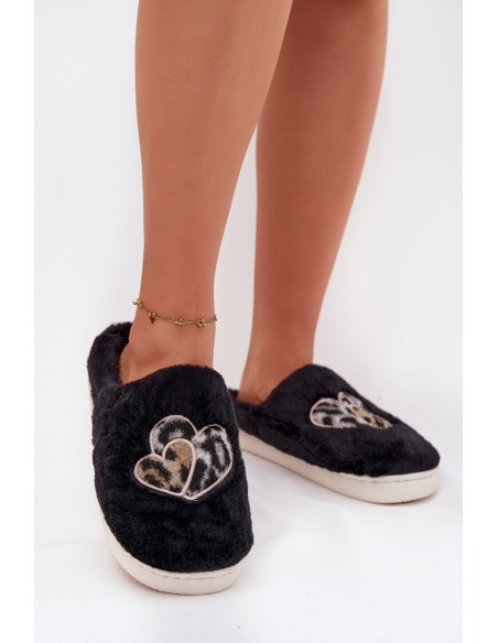 Furry Slippers With Hearts Black Amandra