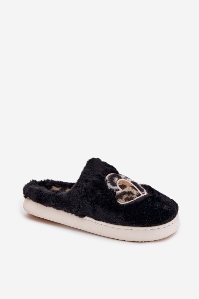 Furry Slippers With Hearts Black Amandra 2