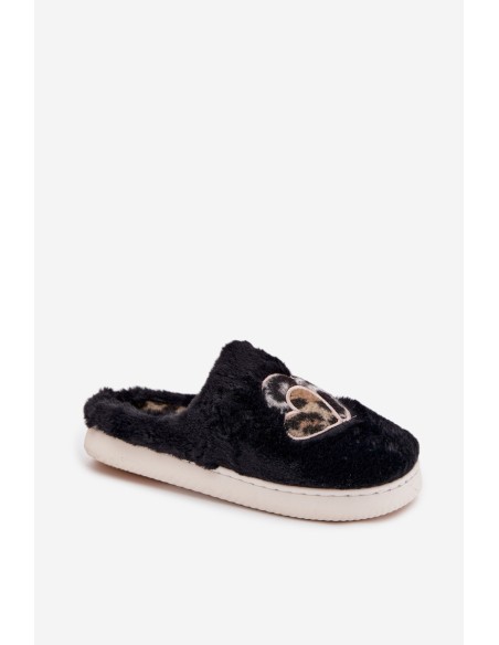 Furry Slippers With Hearts Black Amandra