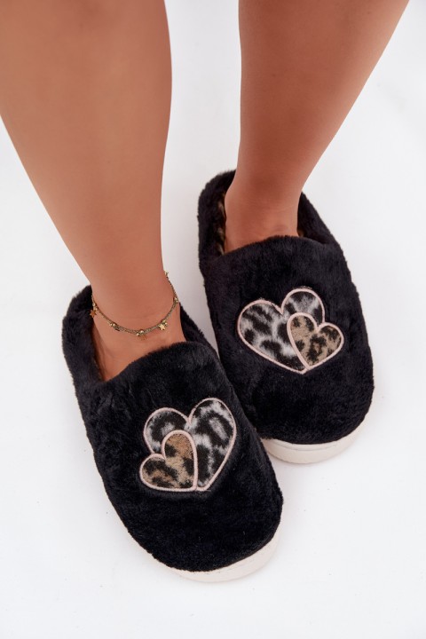 Furry Slippers With Hearts Black Amandra
