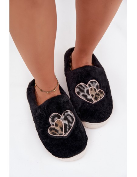 Furry Slippers With Hearts Black Amandra