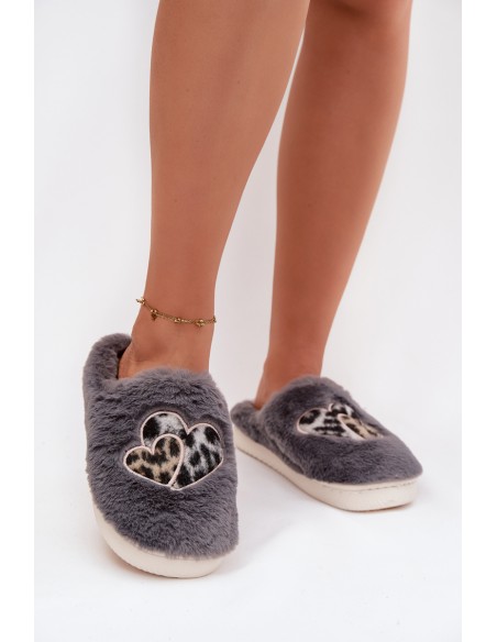 Furry slippers with hearts gray Amandra