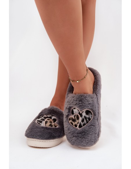 Furry slippers with hearts gray Amandra