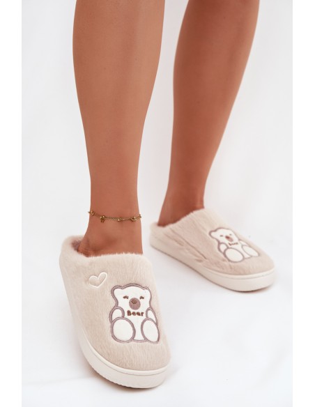 Furry slippers with bear Beige Noralie