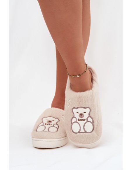 Furry slippers with bear Beige Noralie