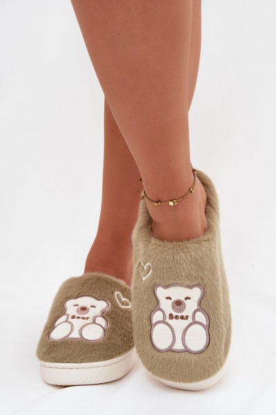 Furry Slippers With Bear Green Noralie