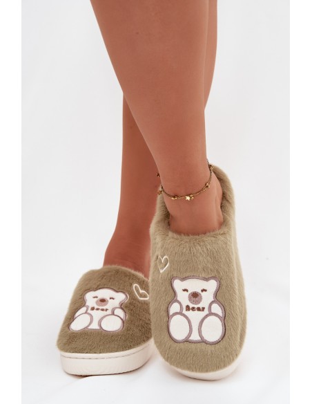 Furry Slippers With Bear Green Noralie