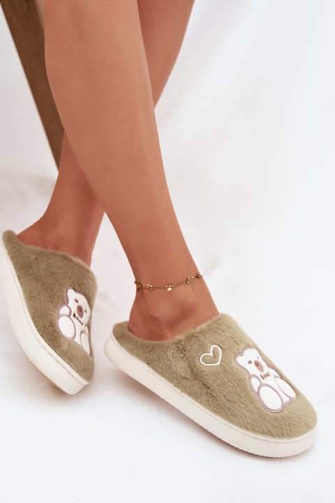 Furry Slippers With Bear Green Noralie