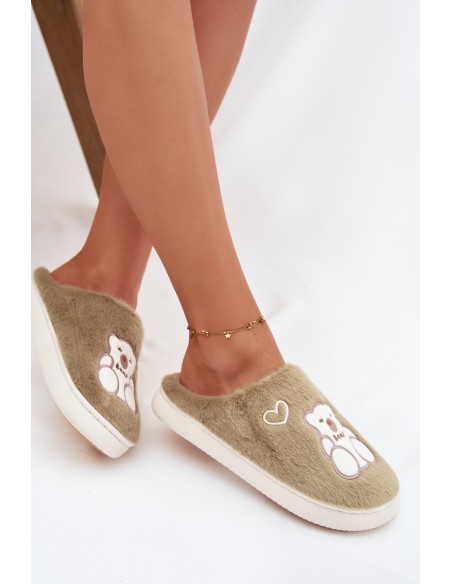 Furry Slippers With Bear Green Noralie