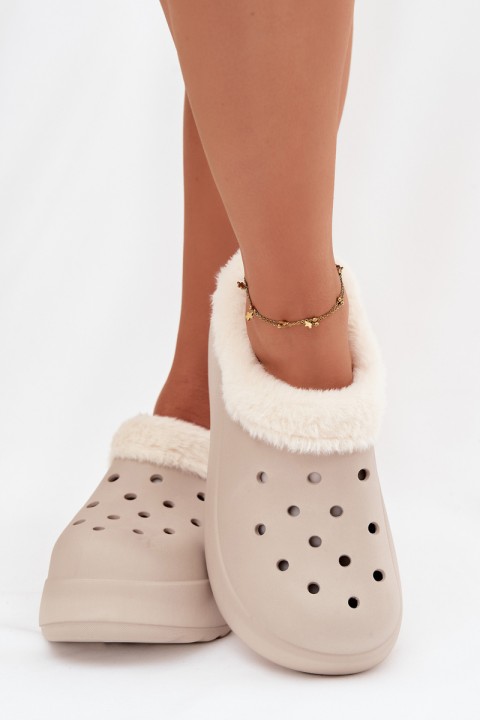 Moteriškos šlepetės su pašiltinimu iš putplasčio, chaki spalvos, su kailiu...