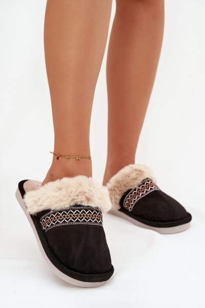 Women's slippers with fur and embroidery Black Devianne