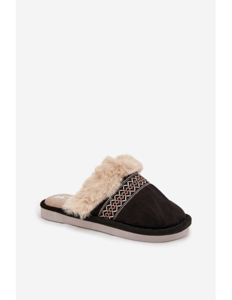 Women's slippers with fur and embroidery Black Devianne