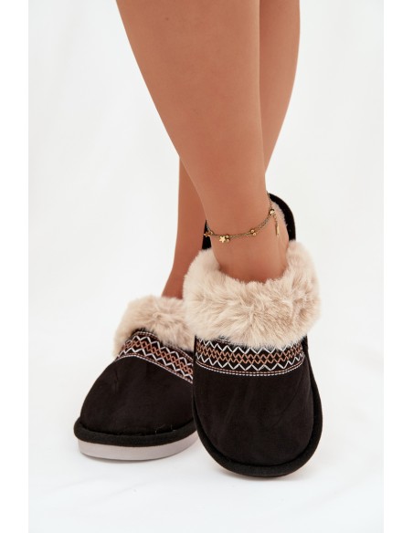 Women's slippers with fur and embroidery Black Devianne