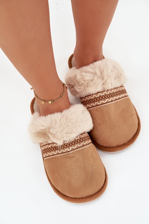 Women's slippers with fur and embroidery Camel Devianne