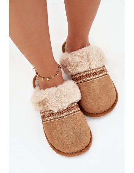 Women's slippers with fur and embroidery Camel Devianne