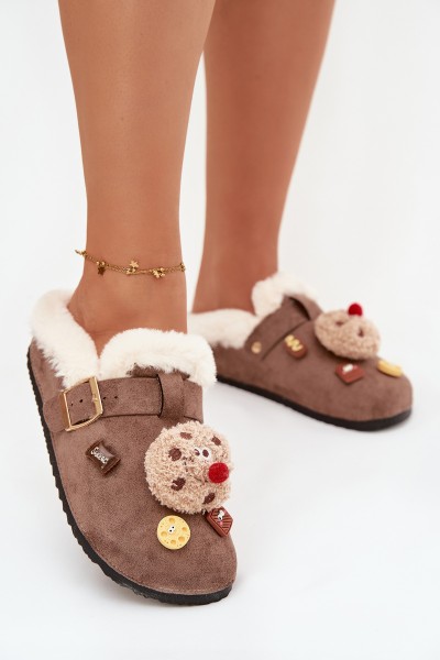 Women's slippers with decorations and buckle lined with fur brown Thalora