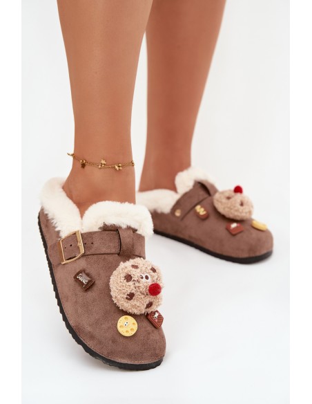Women's slippers with decorations and buckle lined with fur brown Thalora