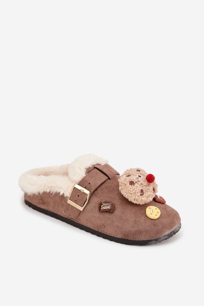 Women's slippers with decorations and buckle lined with fur brown Thalora 2