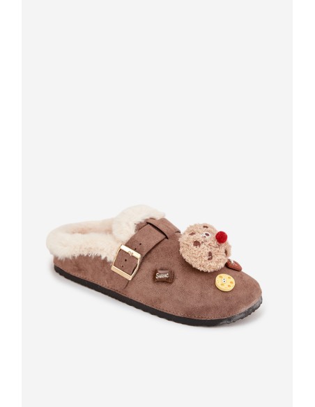 Moteriškos šlepetės su dekoracijomis ir sagtimi, pamušalu iš rudos spalvos kailio „Thalora“